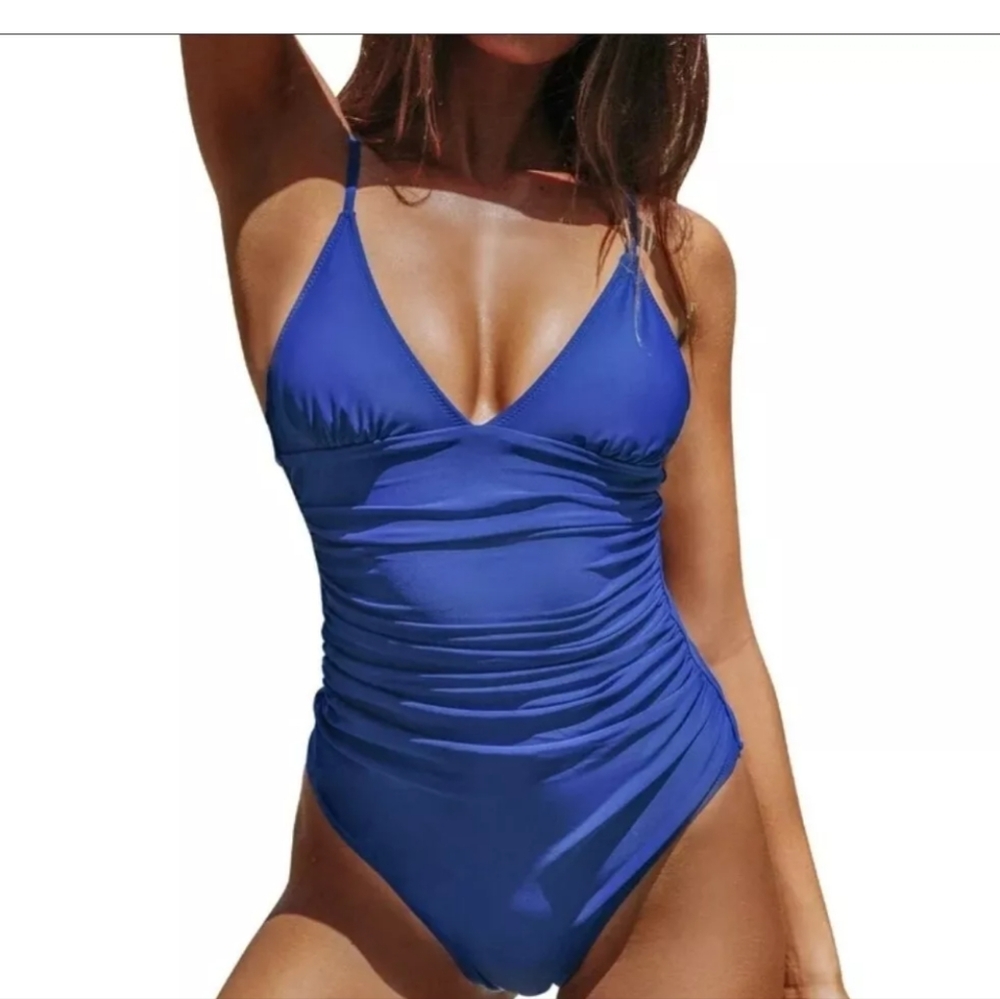 Blue Swimsuit Ruched Sides Low Cut V-neck